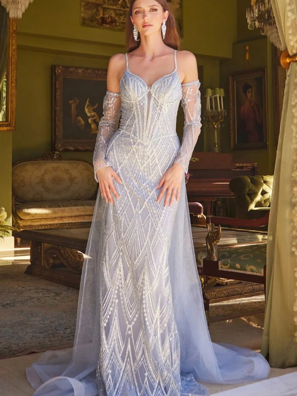 New Formal Sheath Maxi Gown w/ Long Removable Sleeves & Lace Up Back GL3616